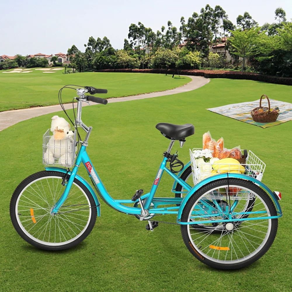PEXMOR Adult Trike 7 Speed, 24/26 Inch Tricycle for Adult Three-Wheeled Cruiser Bike w/ Folding Front & Rear Basket Adjustable Height Seat for Recreation, Shopping Men's Women's Bike
