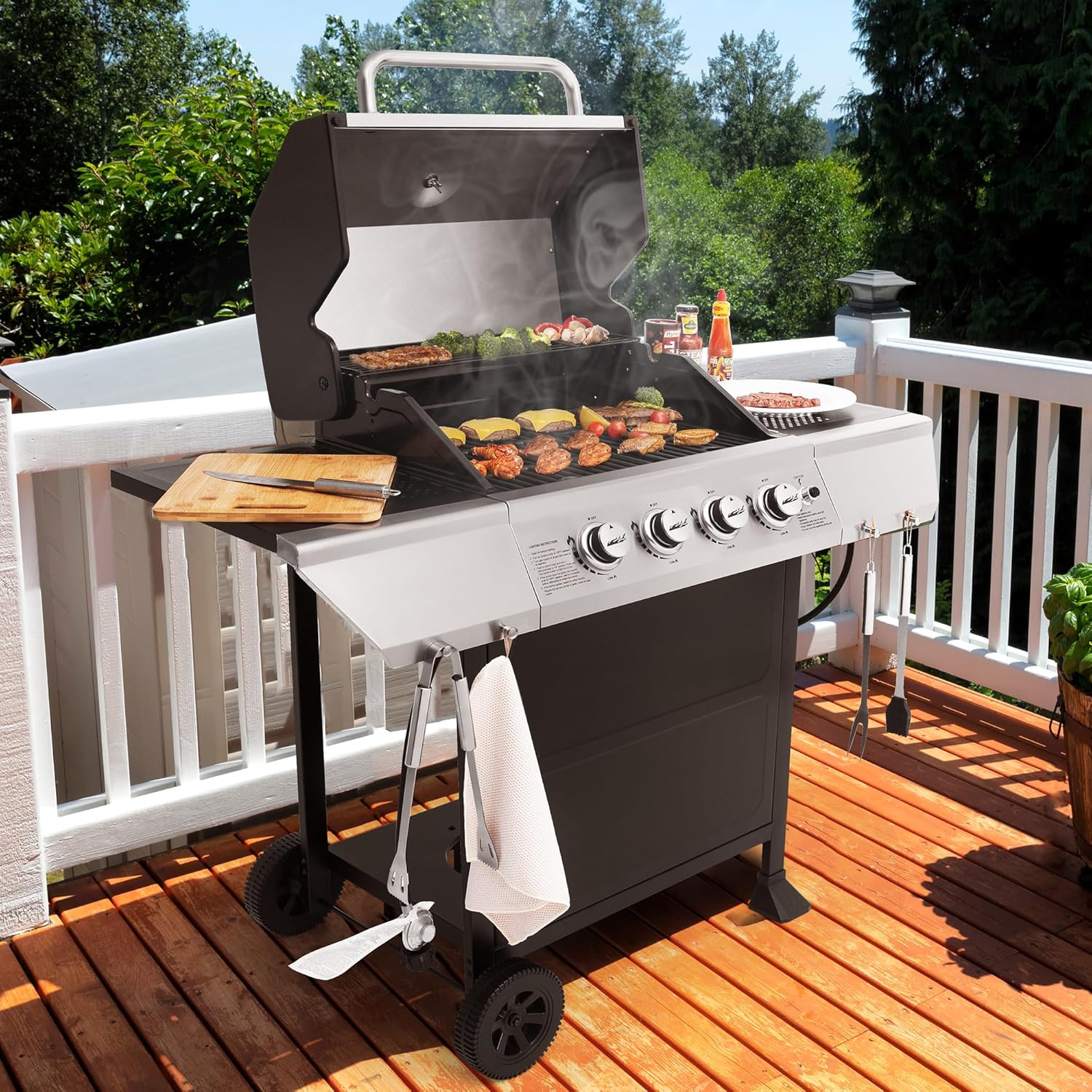 Royal Gourmet 4-Burner BBQ Propane Gas Grill with Stainless Steel Upper Lid, Outdoor Barbecue Gas Grill for Patio Garden Barbecue, 34,000 BTU Output, Black & Silver