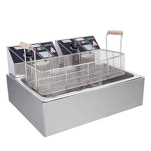 Dual Tank Electric Deep Fryer Stainless Steel Construction Accurate Thermostats Ideal for French Fries, Fried Chicken, and More 110V Voltage 4 Feet Stability Safe Operation 12L Capacity 5000W Power