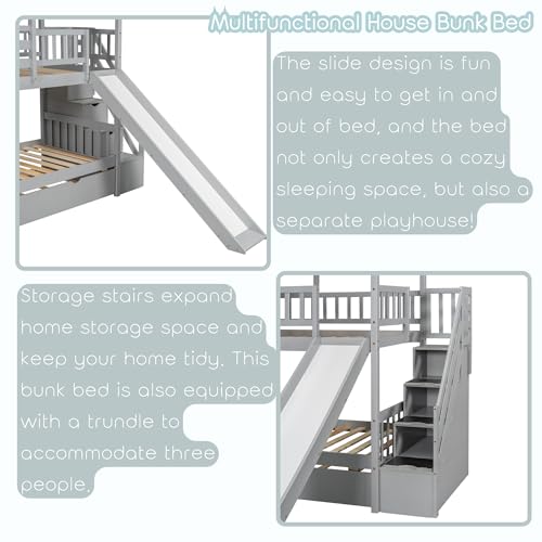 MERITLINE House Bunk Beds Twin Over Twin with Slide, Twin Bunk Bed with Storage Stairs and Trundle, Wood Kids Bunk Bed with Roof and Window Design for Girls, Boys,White