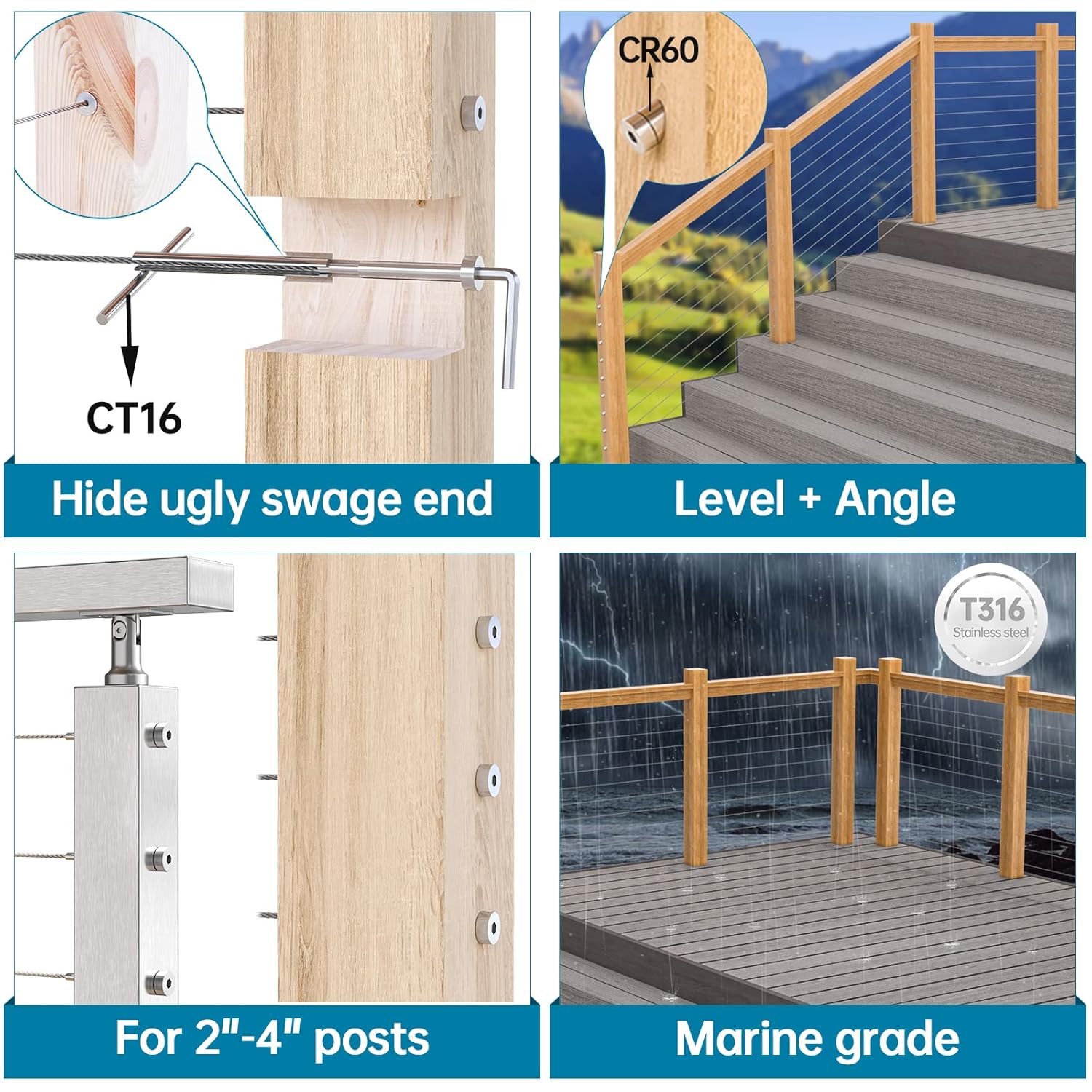 Muzata 20Pair Invisible Cable Railing kit 1/8" Swage Tensioner and Terminal Hidden T316 Stainless Steel for 2"x2" and 4"x4" Wood Metal Post Deck Stairs WoodHidden System CR26, CV1 CV2