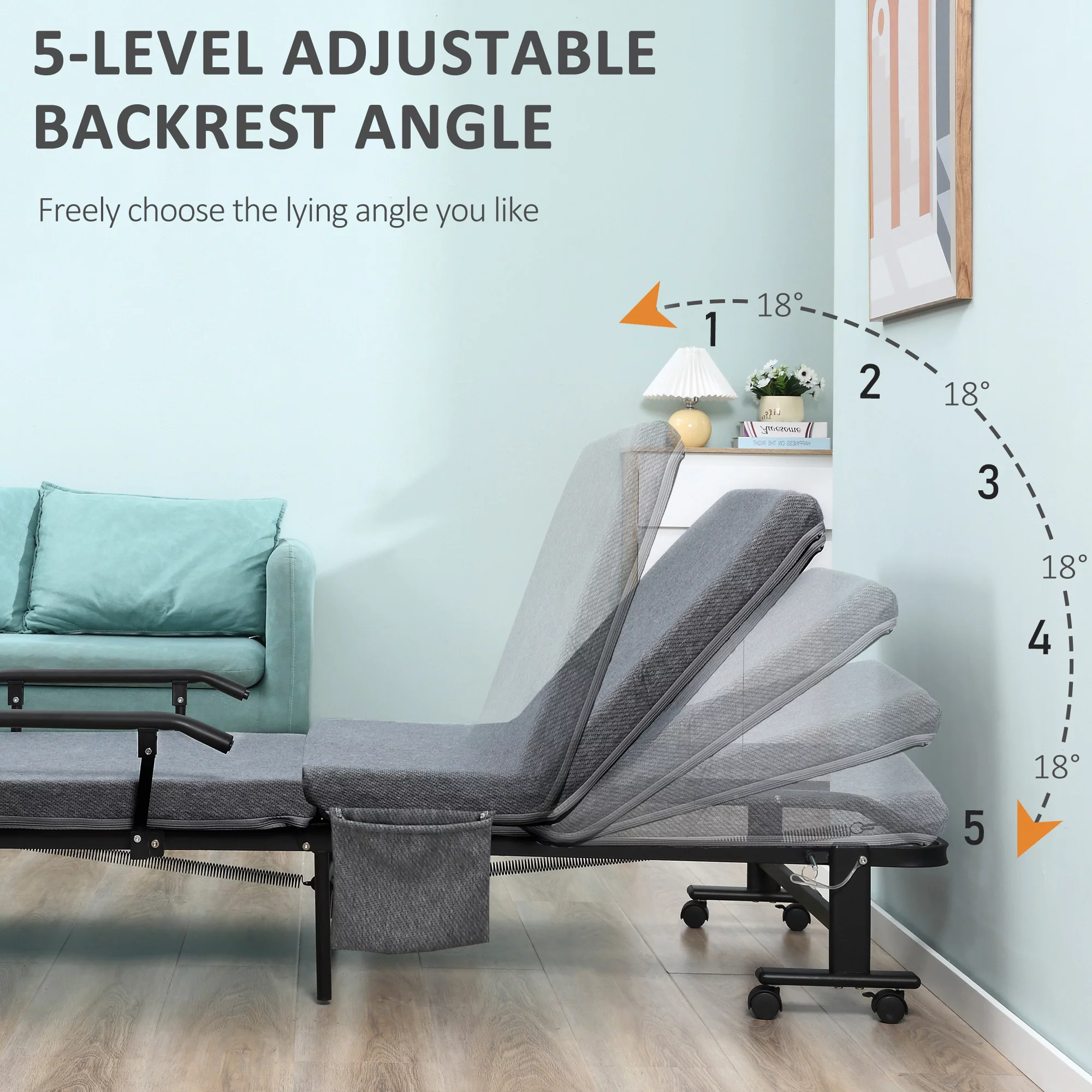 HOMCOM Rollaway Bed, Folding Bed with 3.25" Mattress, Portable Foldable Guest Bed with Adjustable Backrest, and Metal Frame on Wheels, Dark Grey