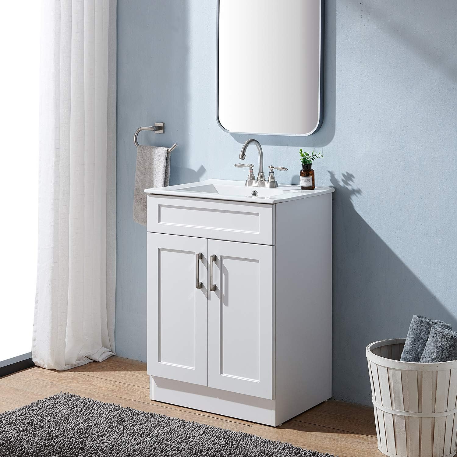 Modern 24 Matte White Stand Cabinet Bathroom Vanity, Bathroom Combo Cabinet with White Ceramic Vessel Sink and Two Closing Doors (White)