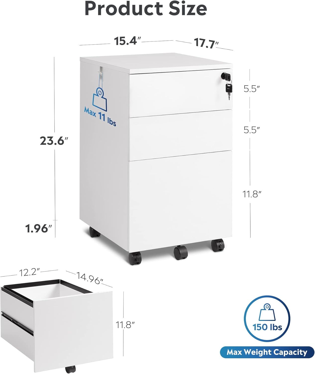 DEVAISE 3 Drawer Rolling File Cabinet with Lock, Wood Under Desk Filing Cabinet fits Letter/Legal/A4 Size for Home Office, White