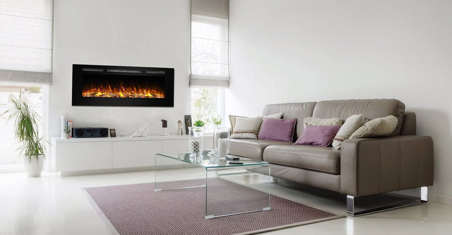 PuraFlame Alice 50 Inches Recessed Electric Fireplace, Flush Mounted for 2 X 6 Stud, Log Set & Crystal, 1500W Heater, Black