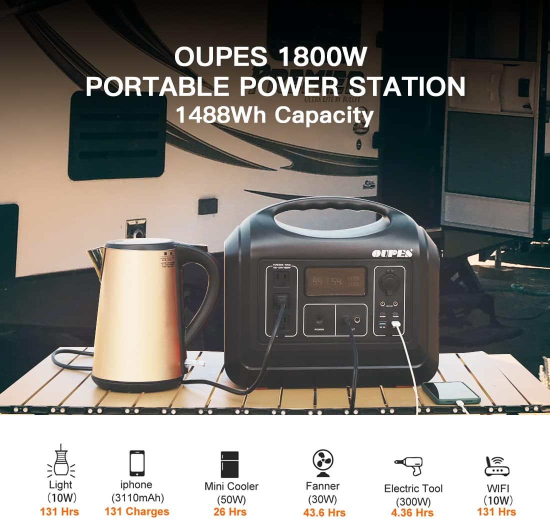 OUPES Solar Generator 1800W/1488Wh w/ 2 X 100W Foldable Solar Panel, Portable Power Station (Peak 4000W) 10 AC Outputs, LiFePO4 Battery w/ 3x 110V AC Outlets for Outdoors Adventure Travel Camping RV Emergency