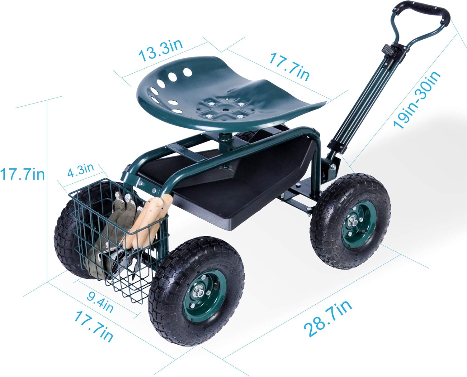 Dporticus Rolling Garden Steerable Tool Cart Scooter with Extendable Steer Handle,360 Swivel Seat and Tool Storage Basket, Green