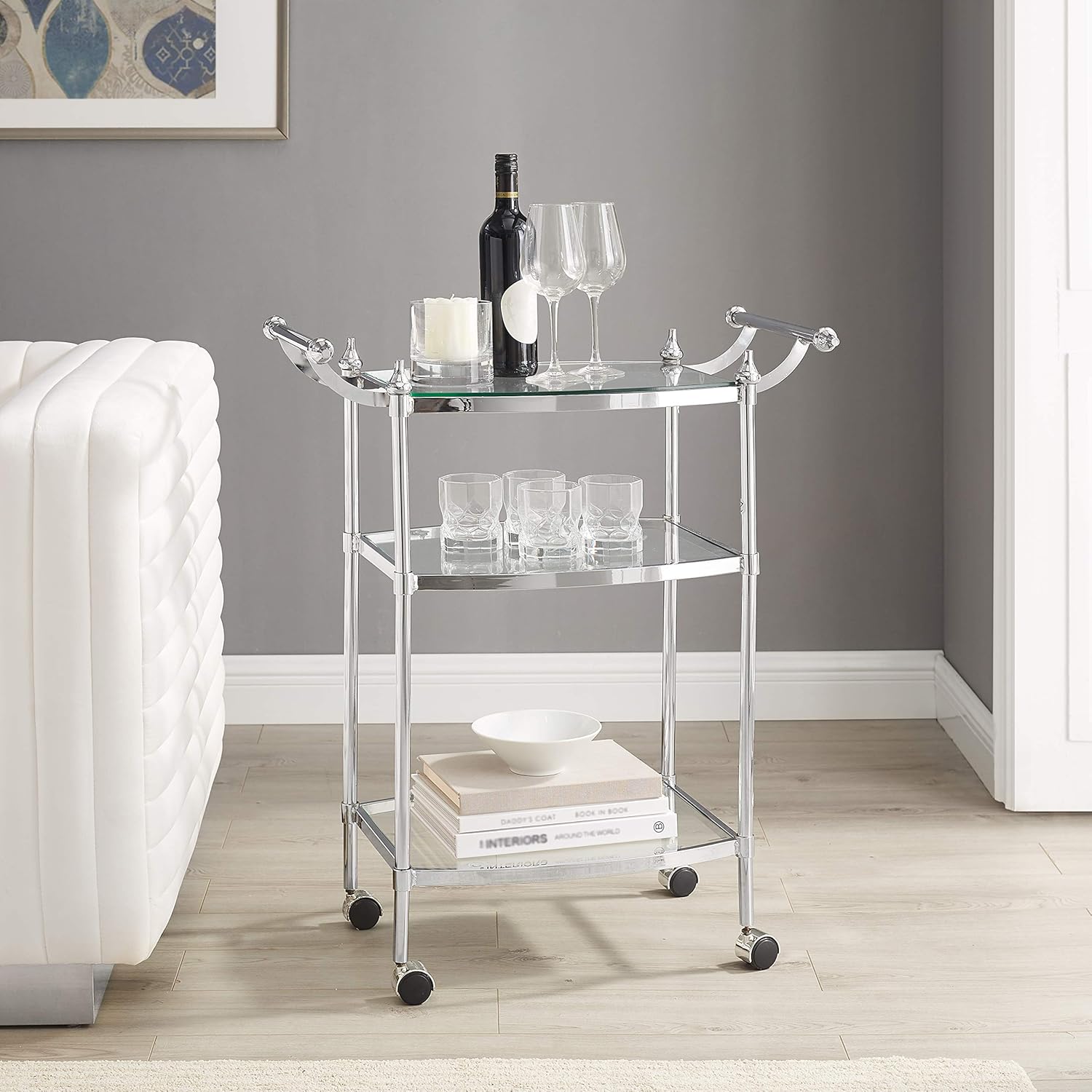 Powell Chrome and Clear Glass Mobile Bar Smith Cart