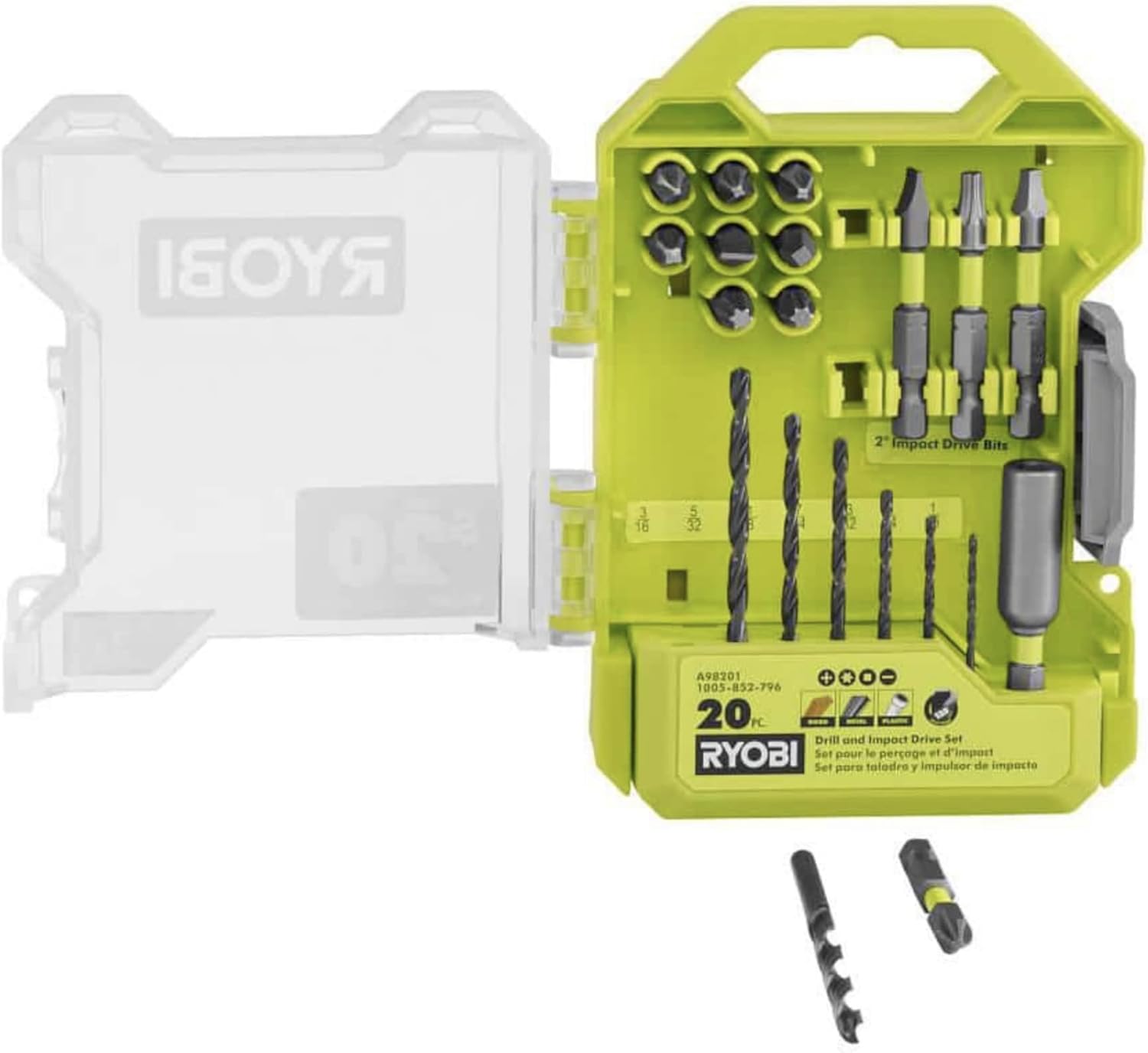Cordless 1/2 inch Power Drill Driver Bundle with Ryobi Drill, (2) 18-Volt Batteries, Charger, 20 Piece Multipurpose Drill Bit Set and Buho Tool Bag