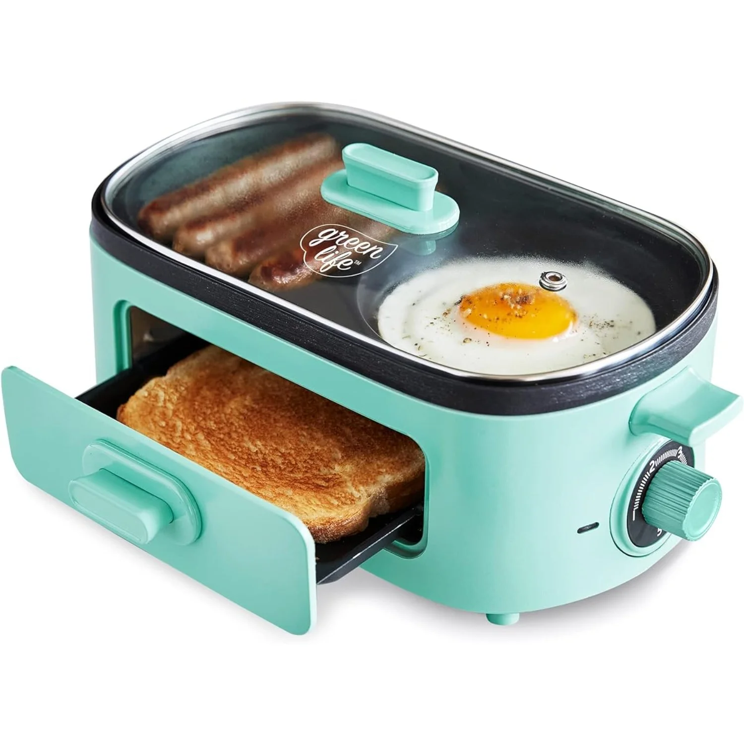 3-in-1 Breakfast Maker Station, Ceramic Nonstick Dual Griddles & Breakfast Sandwiches, 2 Slice Toast Drawer, Turquoise - Curated Treasures Market