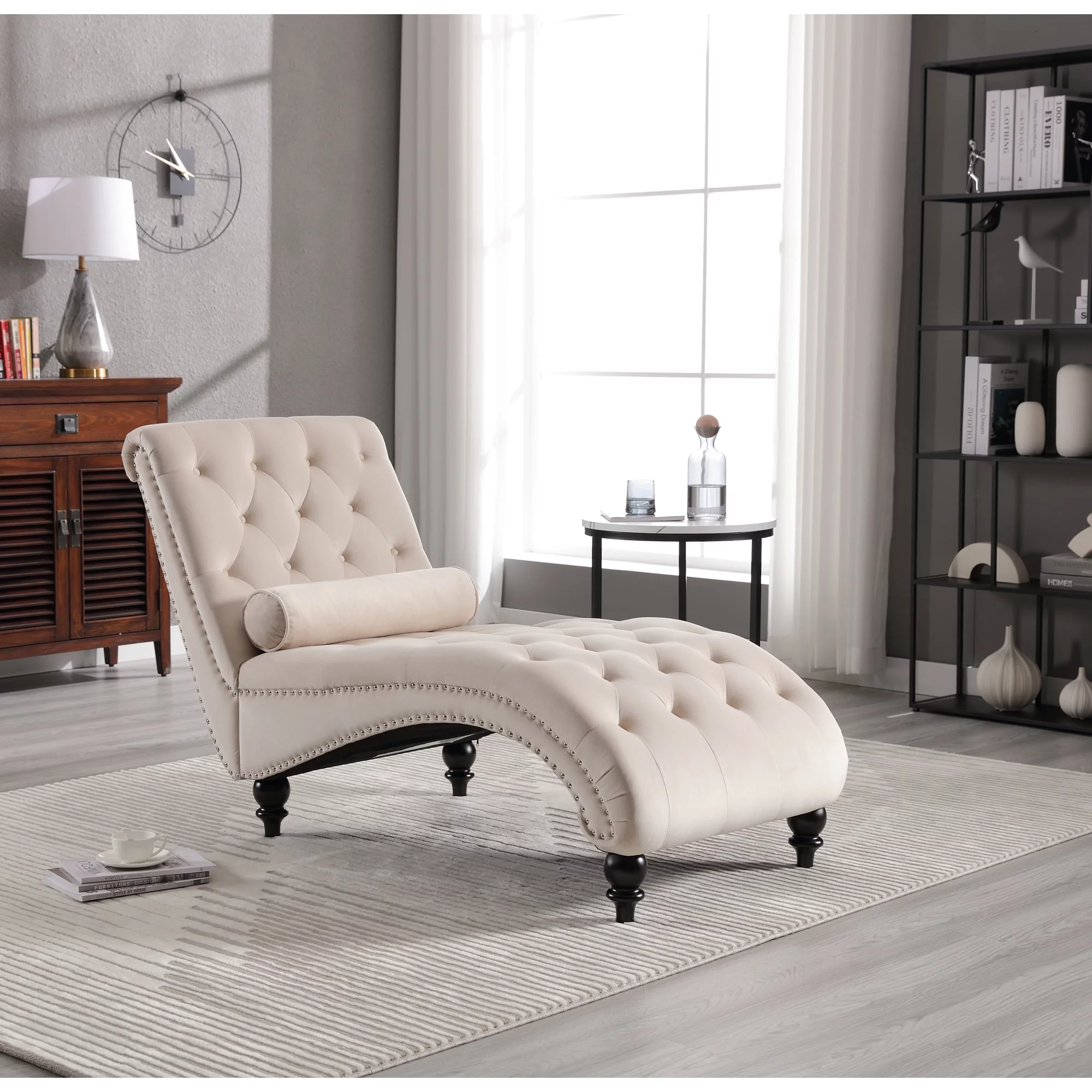 KINFFICT Velvet Chaise Lounge Indoor, Tufted lounge chair with Wood Legs, Leisure Accent Chair Upholstered Lounge Couch for Bedrooom Living Room, Beige