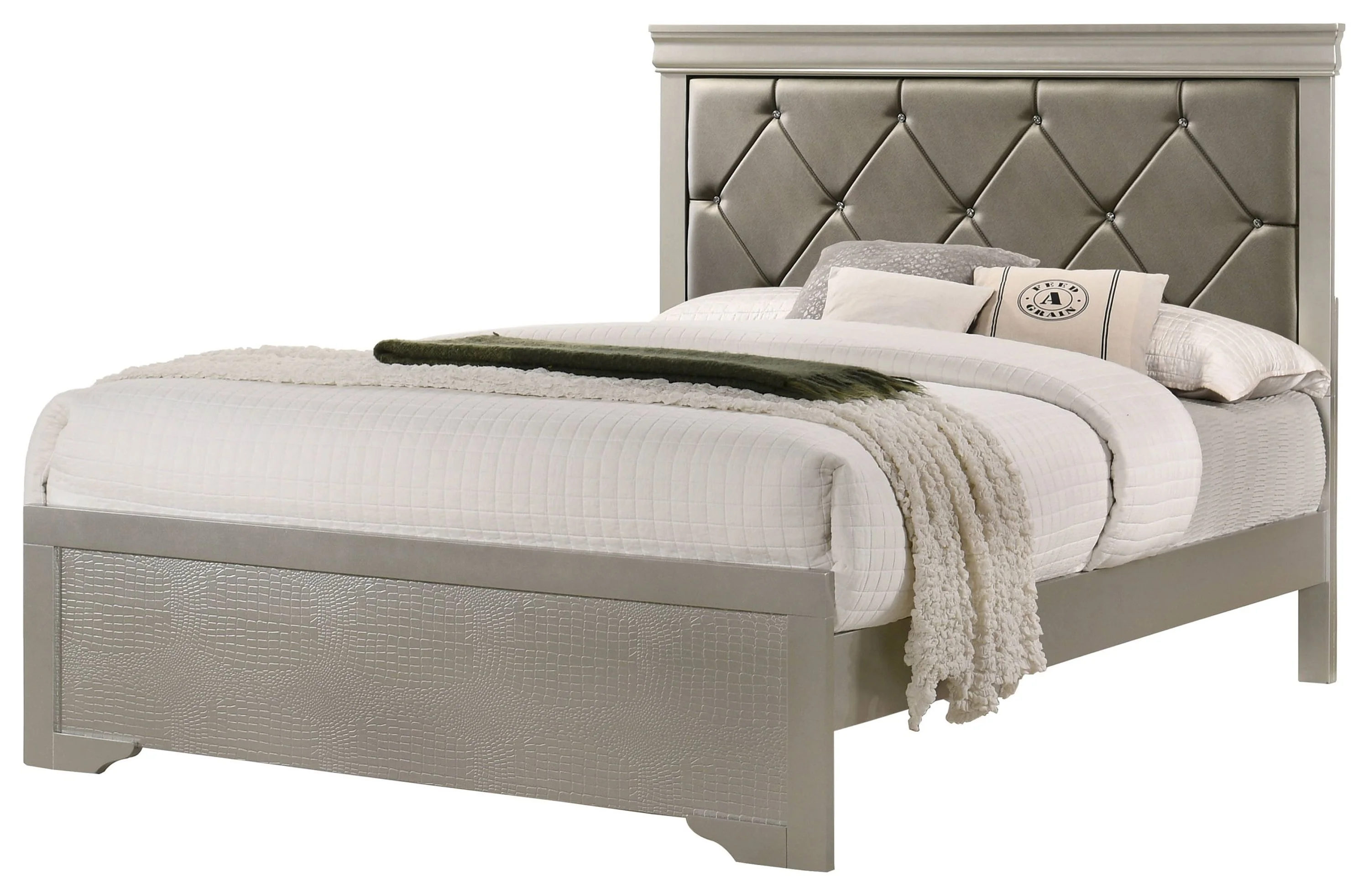 6Pc Silver Finish King Size Panel Upholstered Bed Dresser Mirror Nightstand Chest Set Wooden Bedroom Furniture