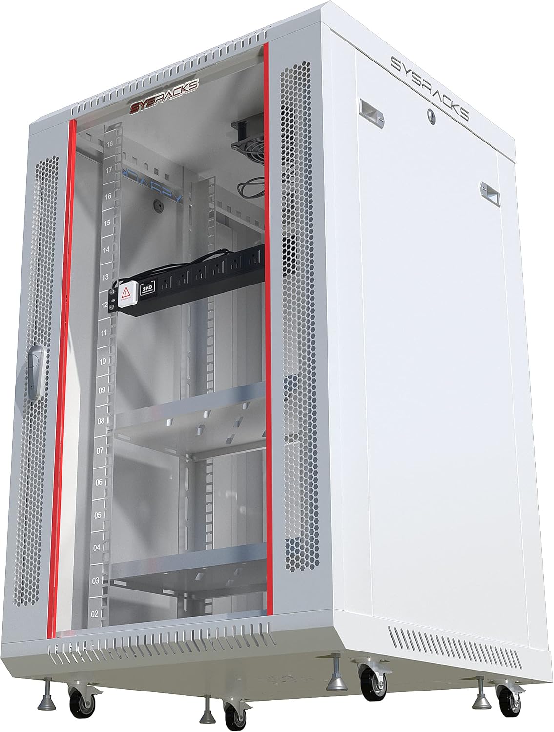 Sysracks 18U Wall Mount Gray IT Network Av Data Server Rack Cabinet Enclosure 24 Inch Depth - 2 Shelves - 8-Way PDU - Fan - Casters - Hardware