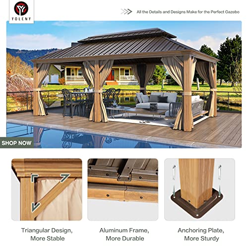 YOLENY 10' x 12' Hardtop Gazebo, Wood-Looking Gazebo with Galvanized Steel Double Roof, Aluminum Frame, Permanent Metal Pavilion with Netting and Curtains for Deck, Backyard, Patio and Lawns