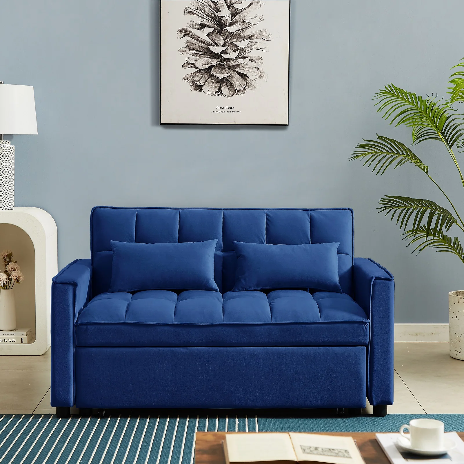 Crtynell Modern Velvet Convertible Loveseat Sleeper Sofa Couch with Adjustable Backrest, 2 Seater Sofa With Pull-Out Bed with 2 Lumbar Pillows For Small Living Room & Apartment - Curated Treasures Market