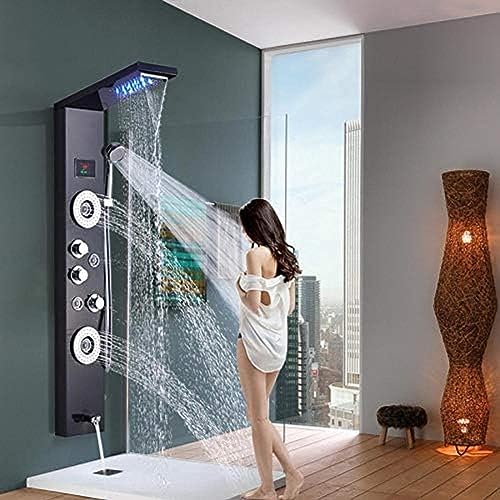 Shower System, Black Digital Shower Panel Column LED Rain Waterfall Shower Wall Mounted Side Spa Jets Bathroom Shower Set-Blackend,Blackend