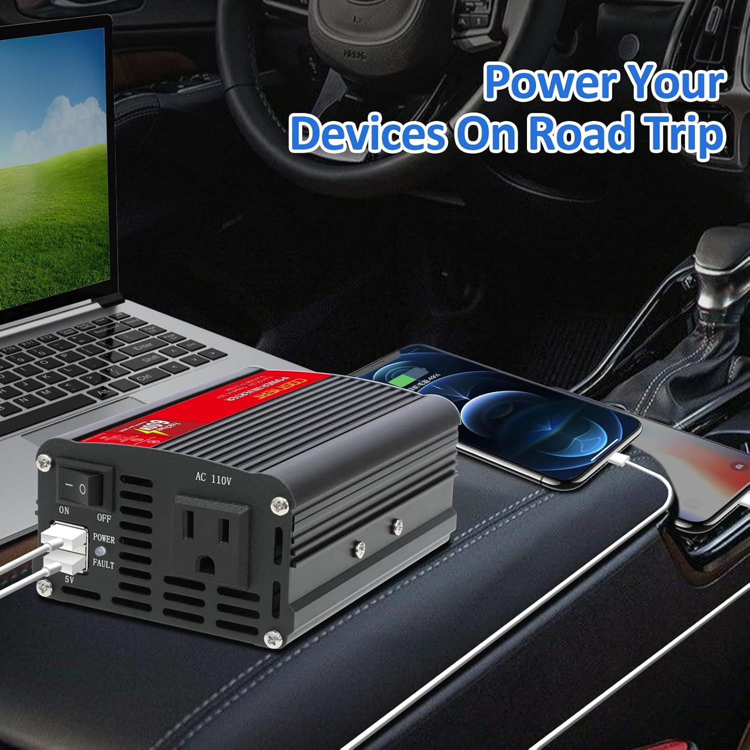 COSTYERT 500W Power Inverter DC 12V to 110V AC Car Inverter with Alligator Battery Clamp, LCD Display, Dual AC Outlets & 2.0A USB Ports Charger, Red
