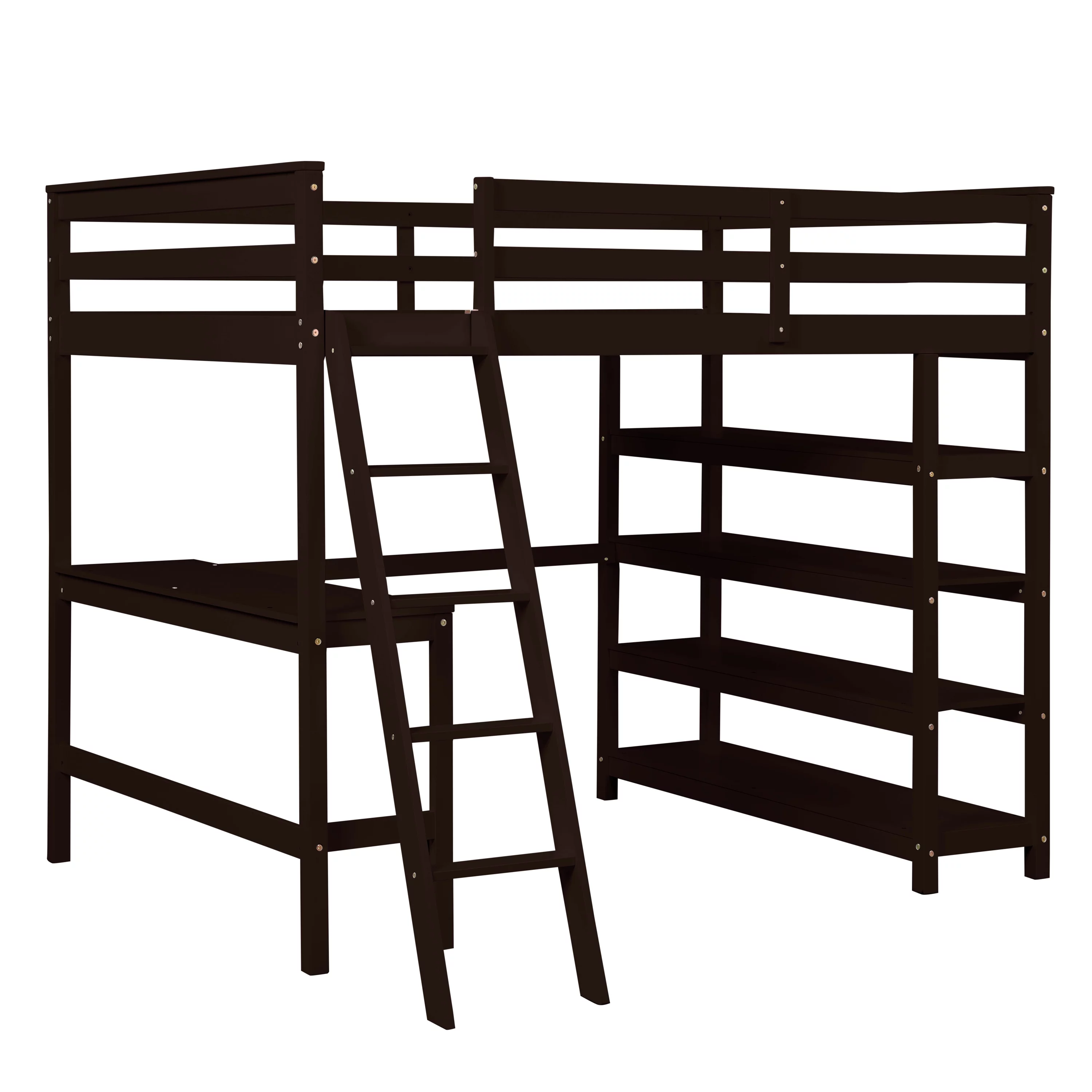 Wooden Full Loft Bed with Desk, Full Size Bunk Bed with 4 Tier Storage Shelves, Workstation Desk, Safety Rail, Wider Ladder for Kids Teens Adults, Space Saving Design, No Spring Box needed, Espresso