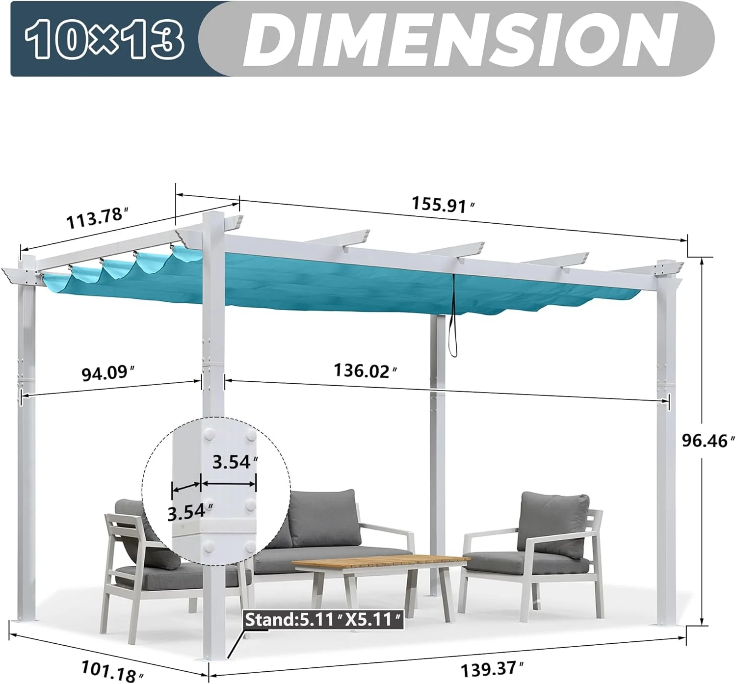 PURPLE LEAF 10' x 13' Outdoor Retractable Pergola Heavy-Duty Aluminum White Pergola with Sun Shade Canopy Patio Modern Shelter for Garden Porch Yard Deck Beach Grape Trellis, Turquoise Blue