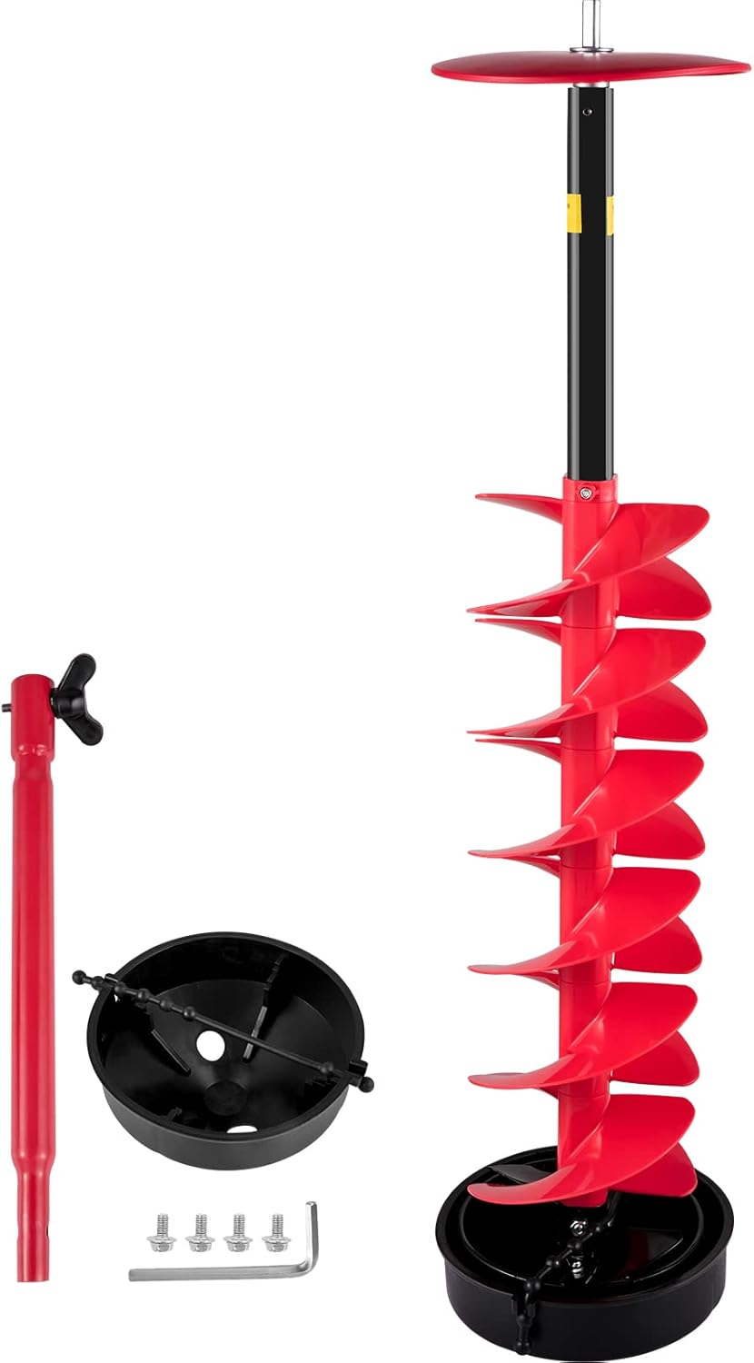 VEVOR Ice Drill Auger, 6" Diameter Nylon Ice Auger, 39" Length Ice Auger Bit,Auger Drill with 11.8" Extension Rod,Auger Bit w/ Drill Adapter,Top Plate & Blade Guard for Ice Fishing Ice Burrowing Red