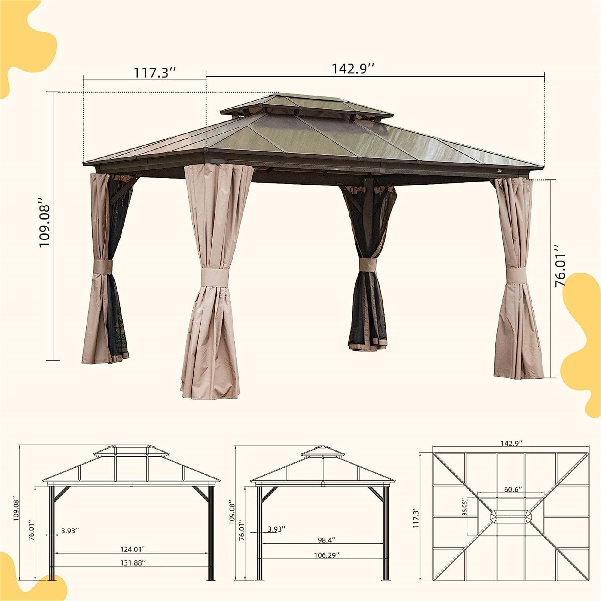 Outdoor Gazebo Double Roof Permanent Hardtop Pergola with Bug Netting and Curtains,Brown