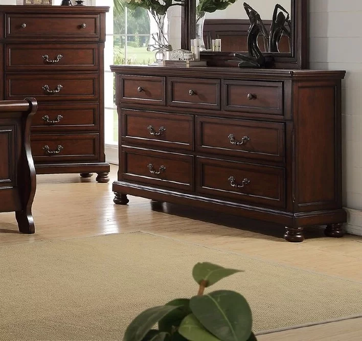 Formal Traditional Cherry Veneer 4pc Bedroom Furniture Eastern King Size Bed Dresser Mirror Nightstand Storage Bed