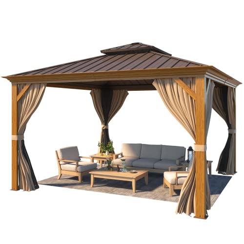 YOLENY 10' x 12' Hardtop Gazebo, Wood-Looking Gazebo with Galvanized Steel Double Roof, Aluminum Frame, Permanent Metal Pavilion with Netting and Curtains for Deck, Backyard, Patio and Lawns