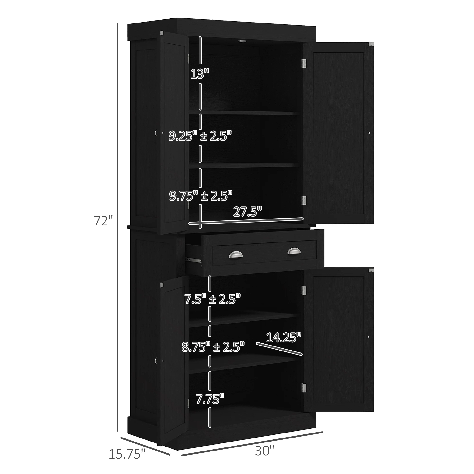 HOMCOM 72" Kitchen Pantry Cabinet with 2 Cupboards, Drawer, Black Wood Grain
