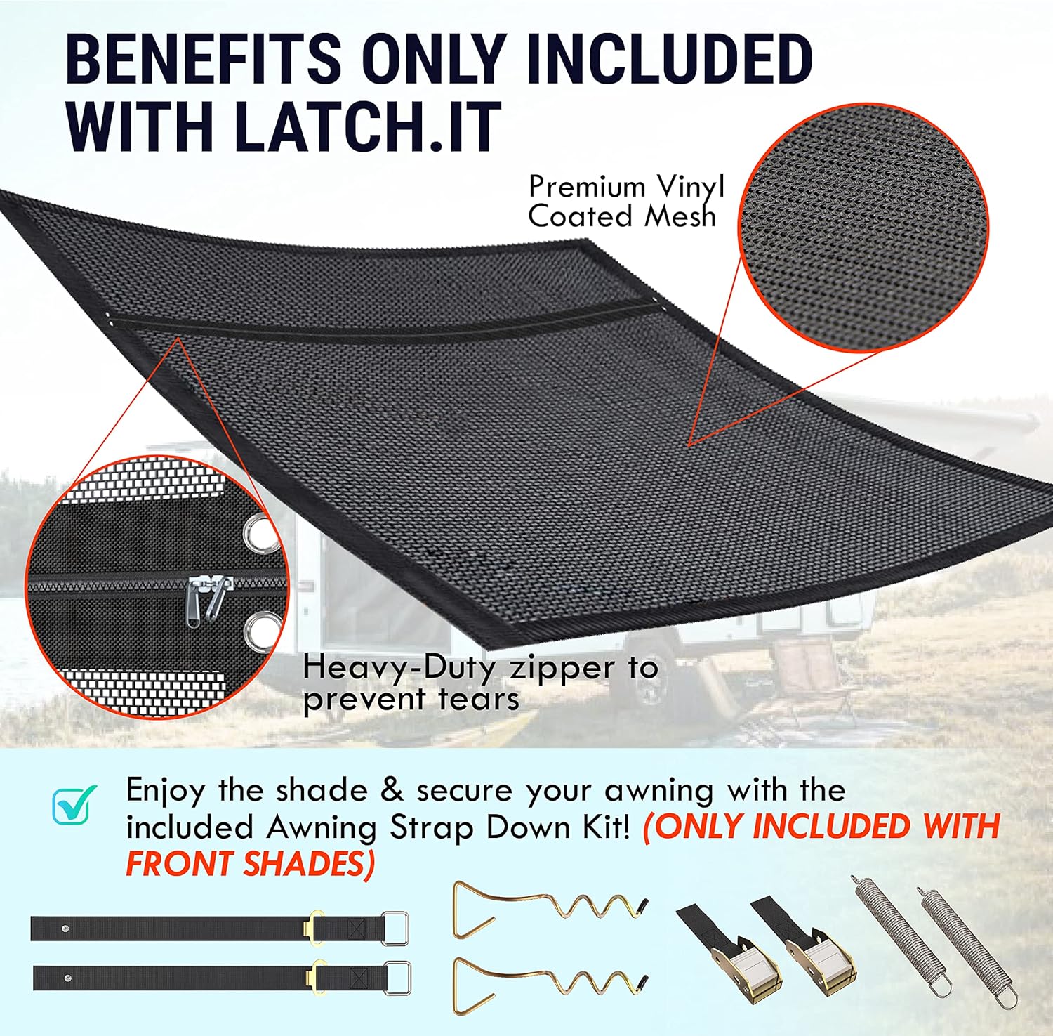 LATCH.IT RV Awning Shade Screen 7x9’ | Side RV Awning Screen | Mesh Awning Shade for Camper | UV-Resistant RV Awning Sunshade | Provides Wind Protection, Shade, and Privacy Pack of 2
