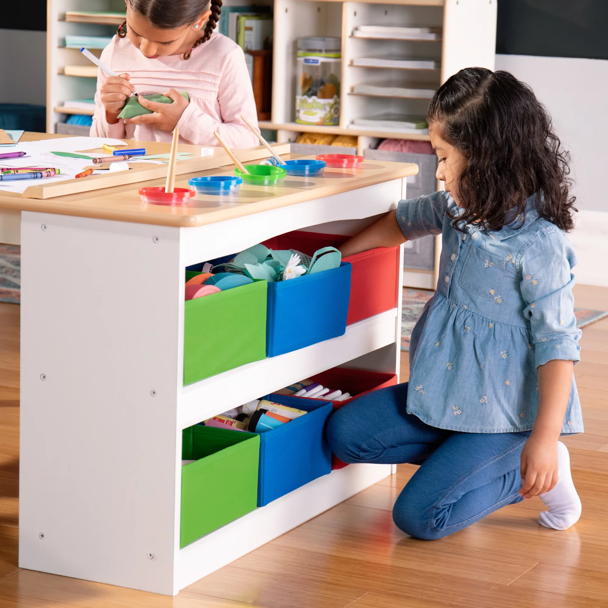 Guidecraft Arts and Crafts Center: Kids Activity Table and Drawing Desk with Stools, Storage Canvas Bins, Paper Roller, and Paint Cups | Toddlers Work Station - Children's Wooden Learning Furniture