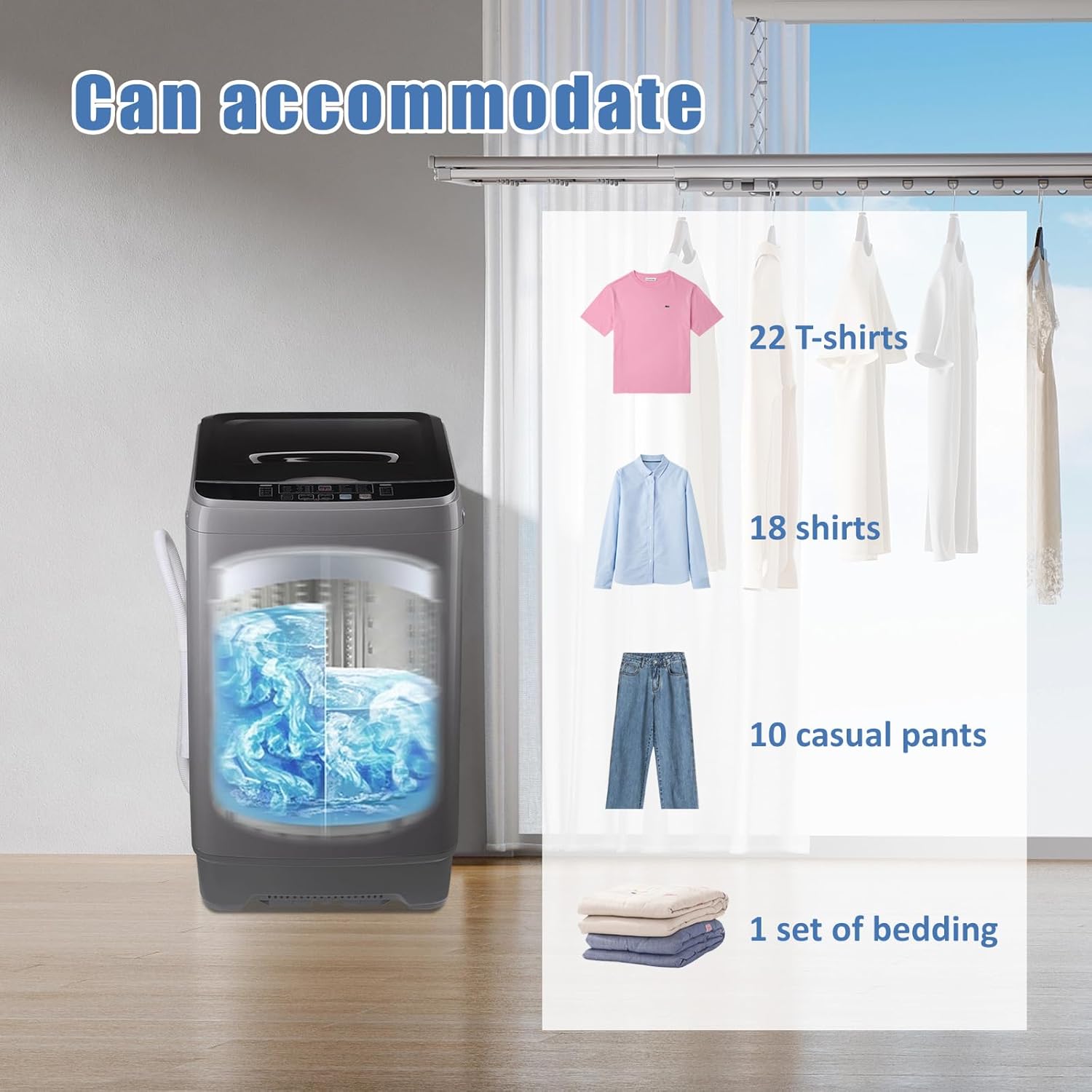 Washing Machine Washer Machine 1.25cu.ft Apartment Dorm Laundry Compact Portable Washer Gray Full Automatic, 8 Water Levels, 10 Wash Programs