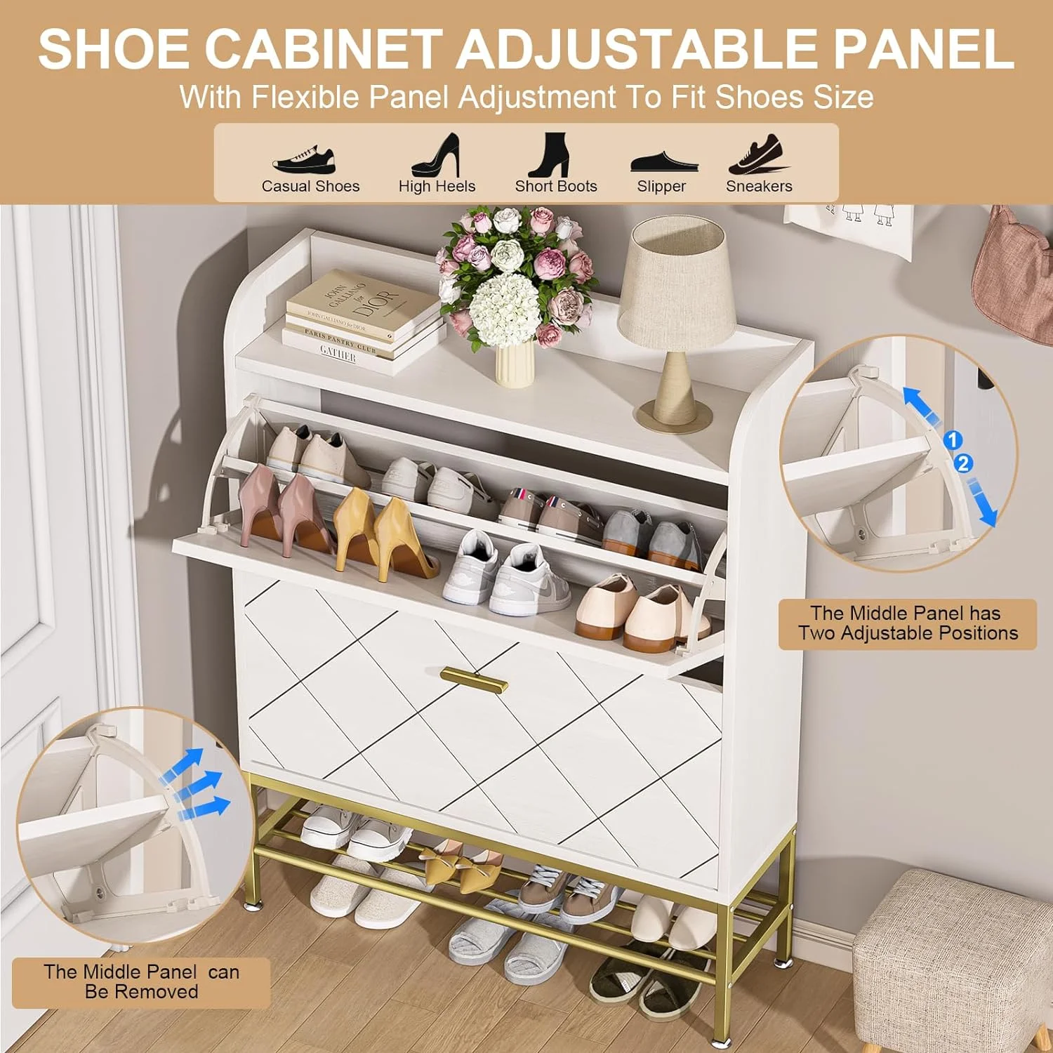 WAGEE Hidden Shoe Cabinet with Flip Drawers for Entryway, Free Standing Narrow Shoe Rack Organizer Modern Wooden Slim Shoe Storage Cabinet for Small Spaces, Living Room, Bedroom (White)
