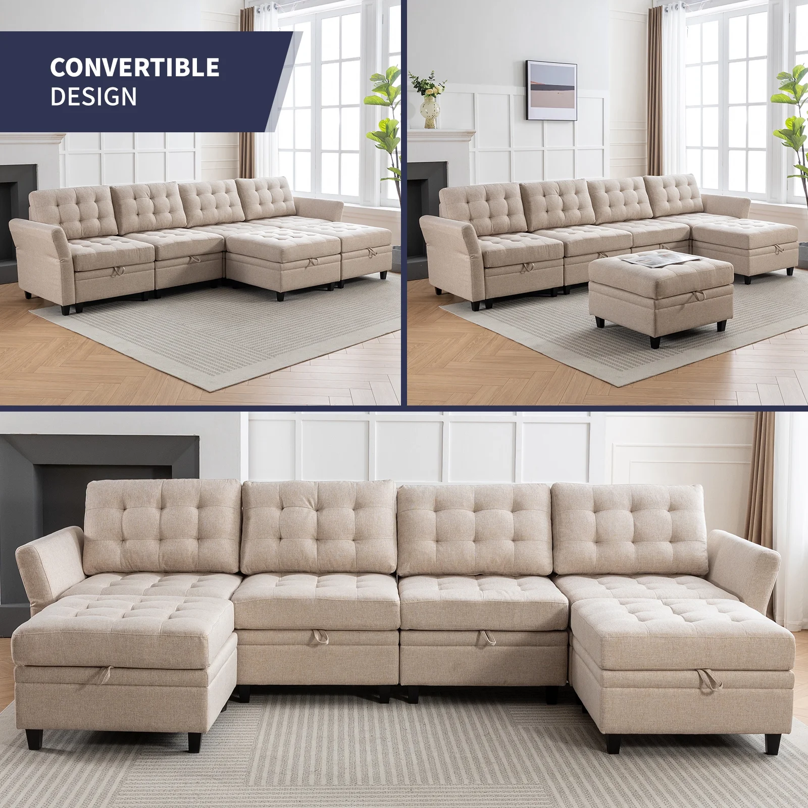 ijuicy Modern U/L Shaped Sectional Sofa Set with Storage Ottoman ,Oversized 6-Seat Modular Sofa Couch with Adjustable Armrest for Living Room,Beige