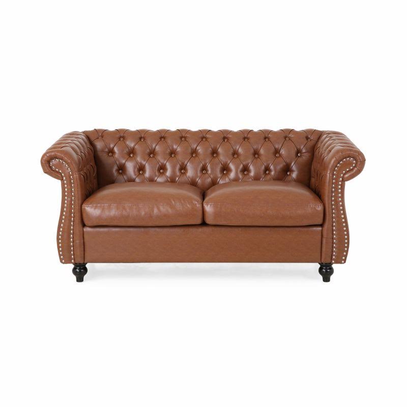 Noble House Magnus Traditional Chesterfield Loveseat, Cognac Brown, Dark Brown