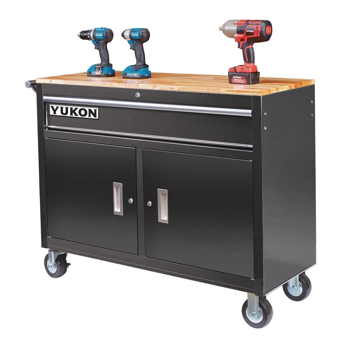 YUKON 46 in. Mobile Workbench with Solid Wood Top, Red