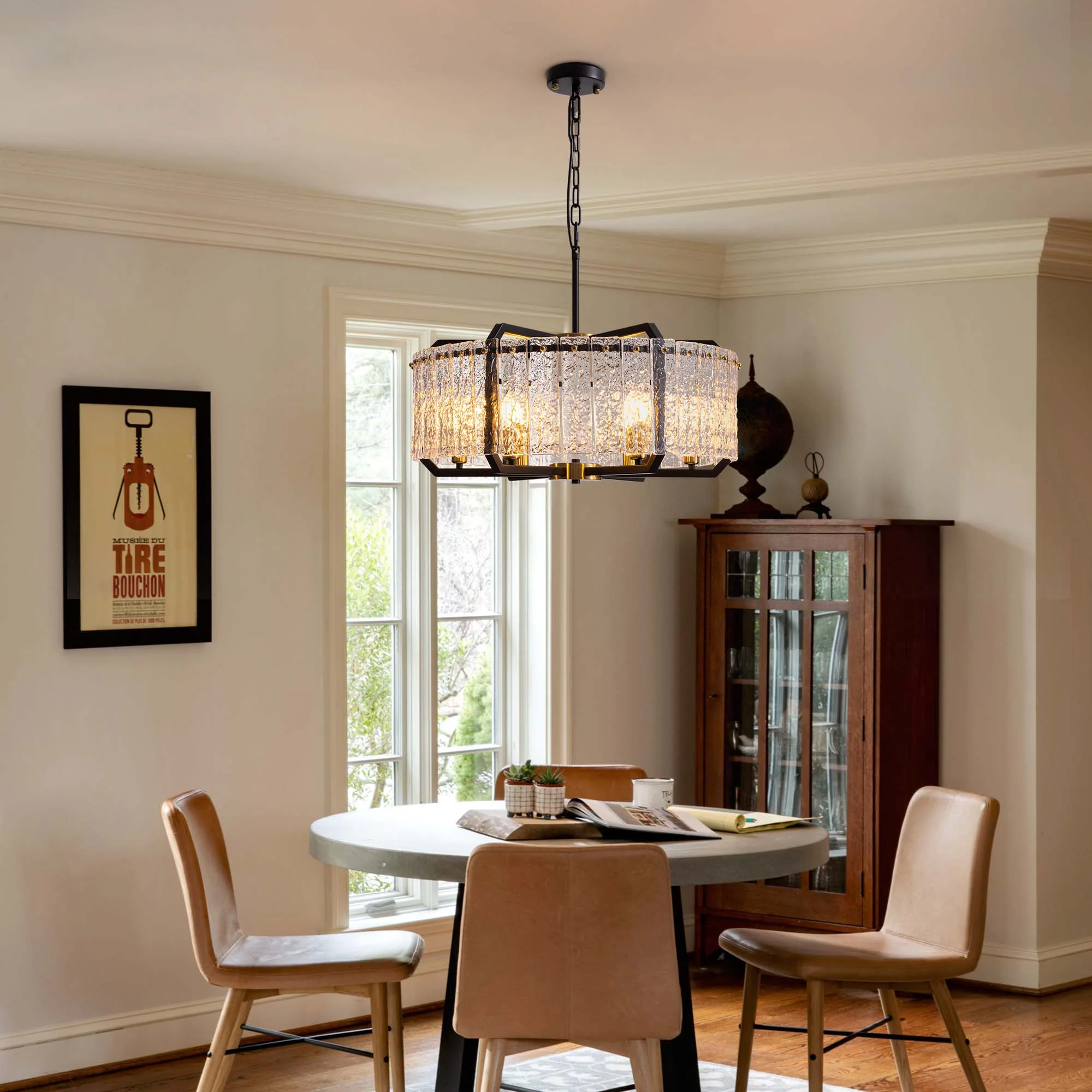 HOOMEDELIER Modern Crystal Chandeliers Lighting for Dining Room,  6-Light Luxury Water Ripple Glass Black Ceiling Light Fixture, Round Drum Chandelier for Kitchen Island, Entryway, Farmhouse 25"D*11"H