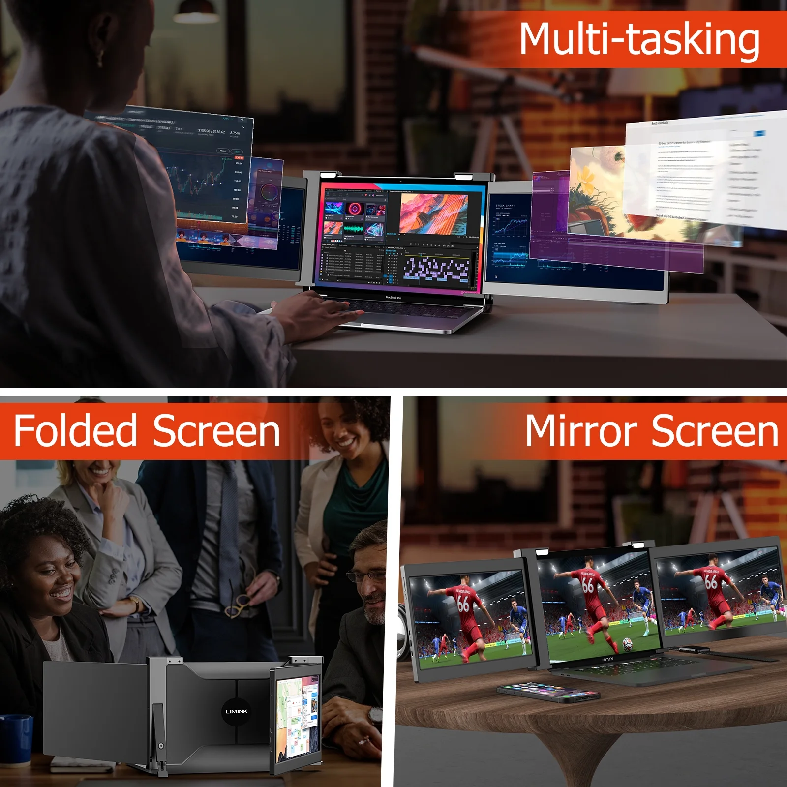 Limink 15-17inch Laptop Extended Screen Portable Triple Monitor 14" Dual Screen Extender,1080P IPS Screen,No Need Driver,Plug&Play,Compatible with Mac OS/Wins, USB/HDMI,Gaming Travel Monitor,Black