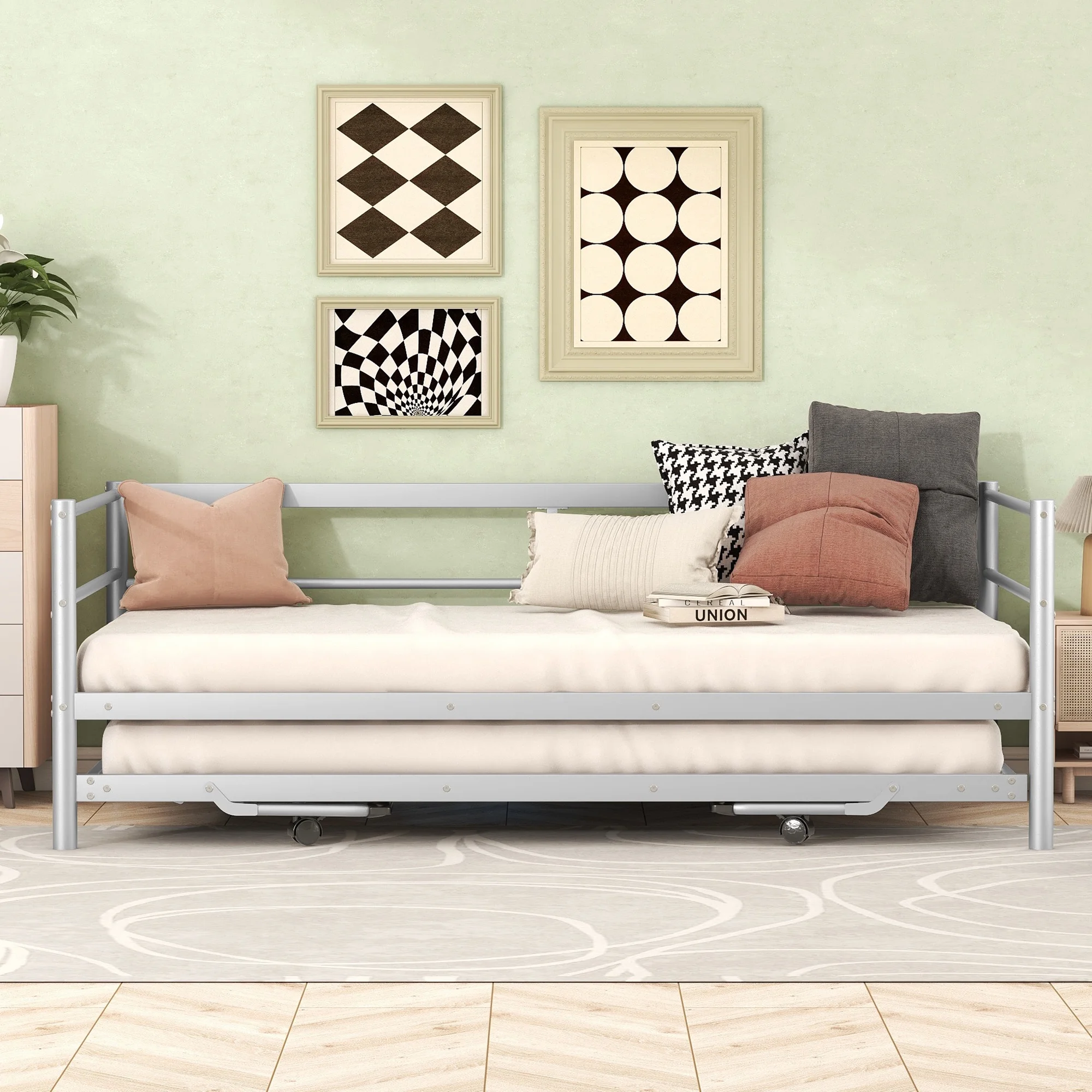 Euroco Metal Twin Size Platform Bed, Convertible Daybed with Trundle Bed, Pop Up Trundle for Guests and Extra Storage, Silver