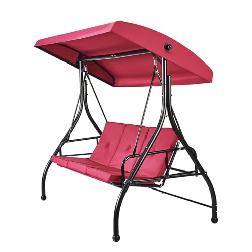 VEVOR 3-Seat Patio Swing Chair, Converting Canopy Swing, Outdoor Patio Porch with Adjustable Canopy, Removable Thick Cushion and Alloy Steel Frame, for Balcony, Backyard, Poolside, Brown