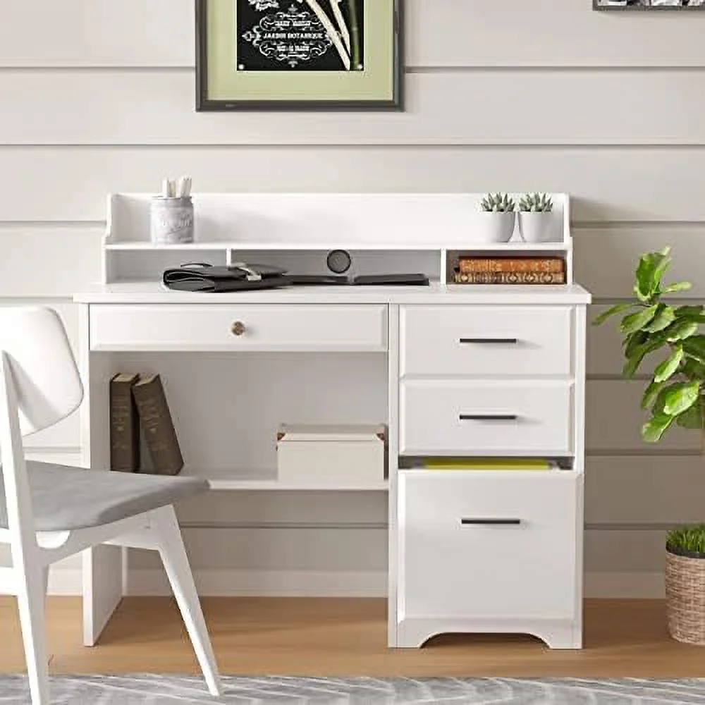 KHBIULIFE Computer Desk with Drawers and Hutch   Farmhouse Home Office Desk with  Drawers  PC Laptop Workstation Wood Computer Table Writing Study Desk Wooden Desk for Home Office Bedroom