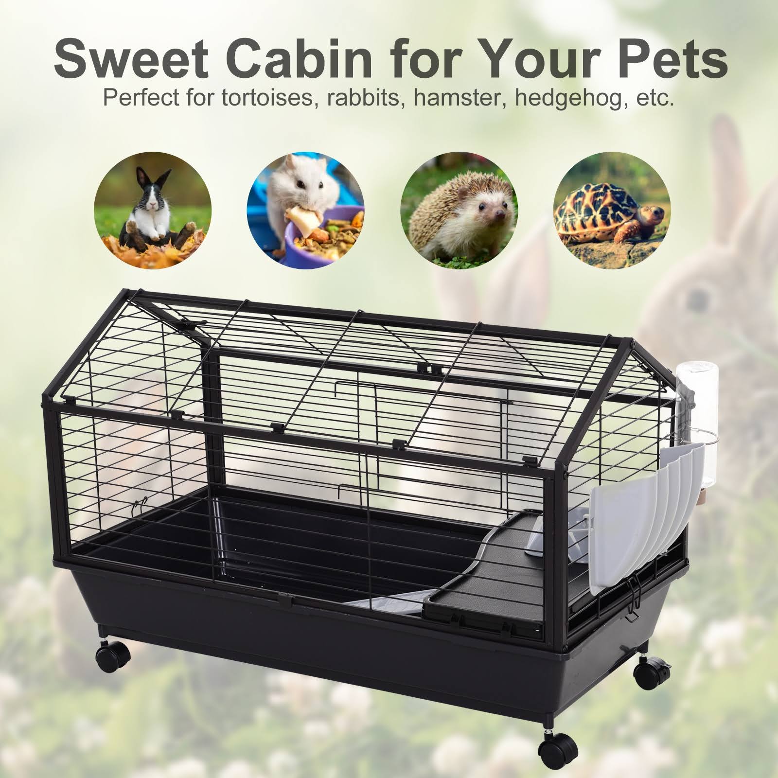 Pawhut Rolling Metal Rabbit Guinea Pig or Small Animal Hutch Cage with Main House and Run 35x22 L