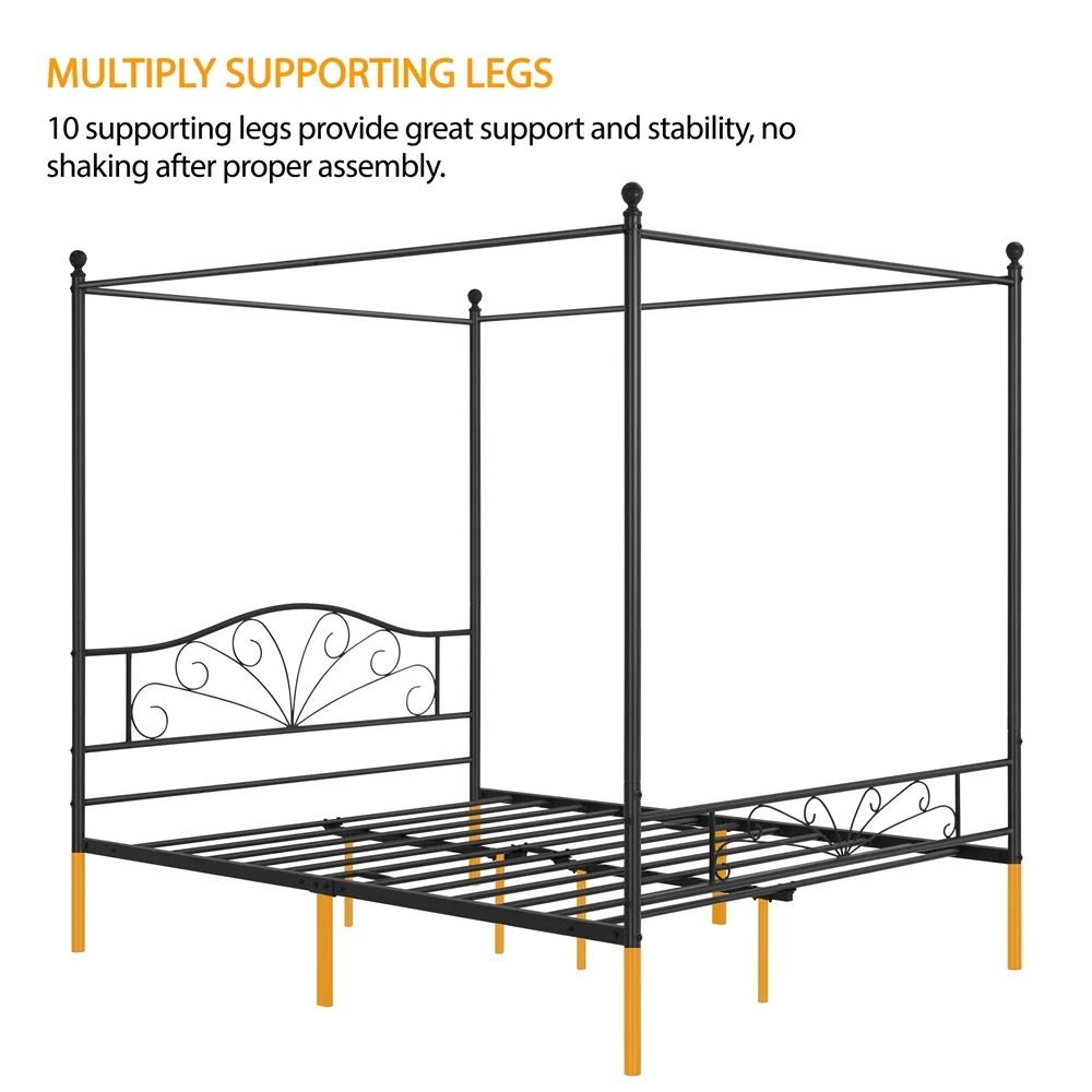 Topeakmart Four-poster Metal Canopy Platform Bed with Arched Headboard and Footboard, Queen Size, Black