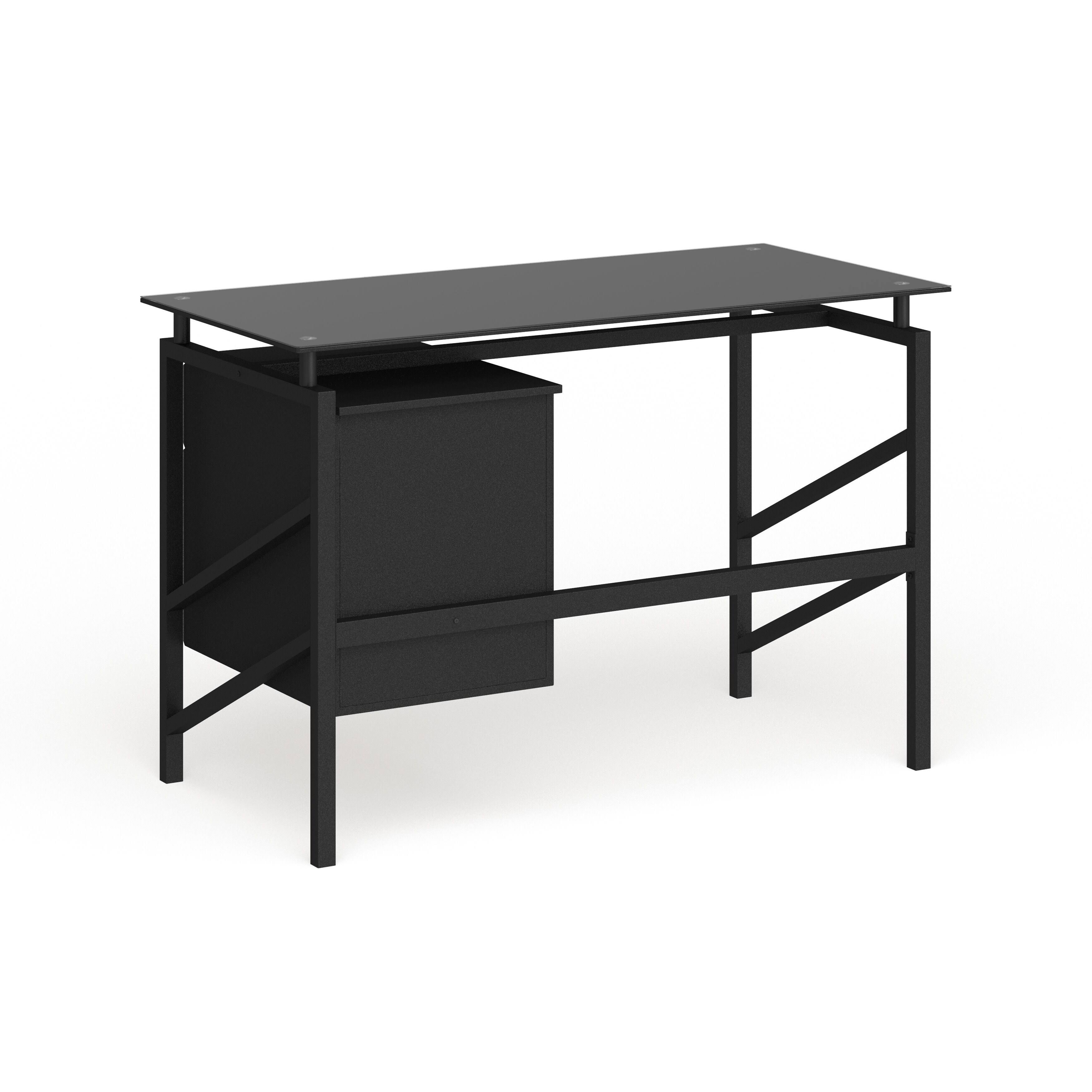 Lancaster Home Two Drawer Pedestal Desk with Tempered Glass Top and Metal Frame, Size: Medium, Black