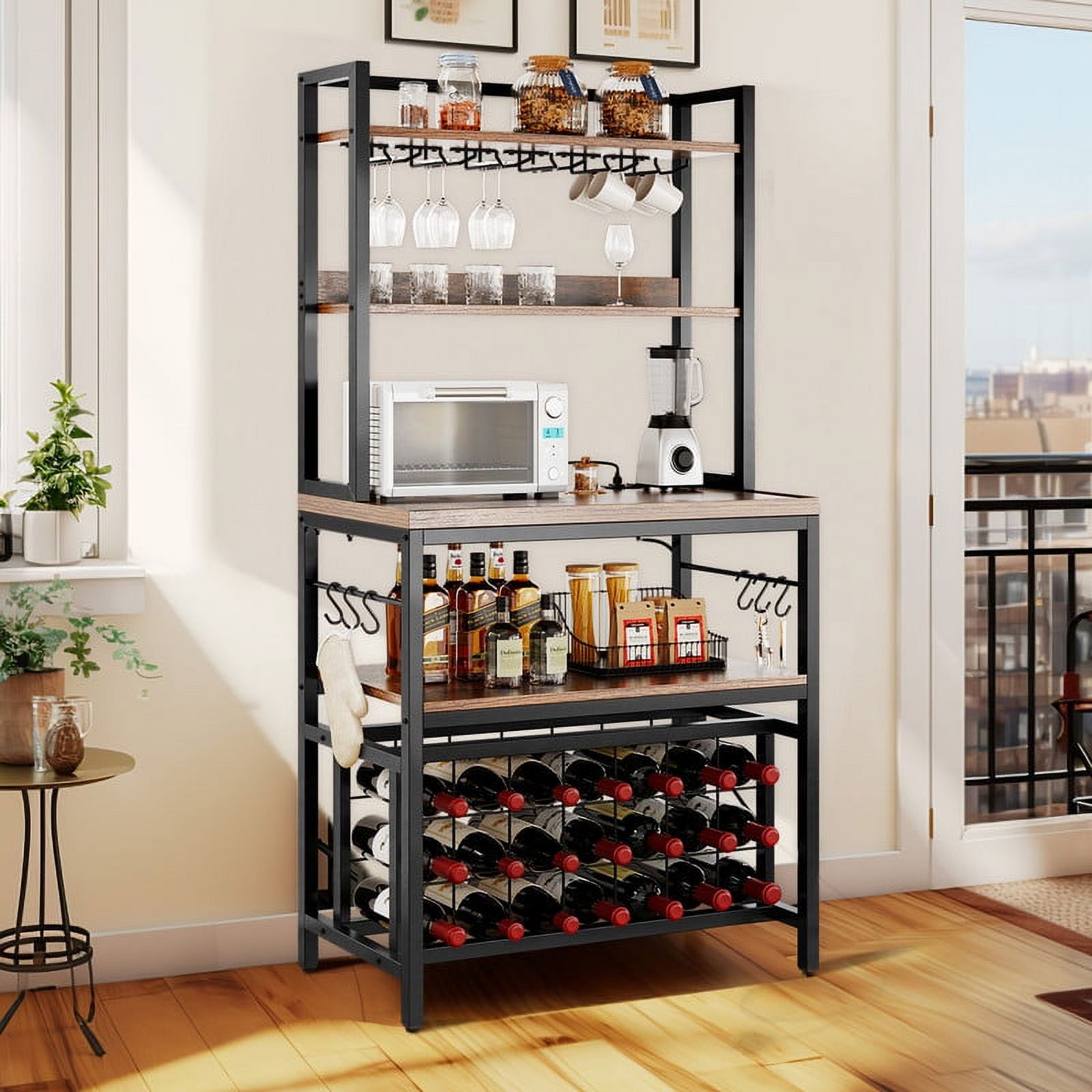 DWVO 4 Tier Coffee Bar Station, 31.5" Freestanding Kitchen Bakers Rack with Wine Rack, Kitchen Microwave Stand with Power Outlet and Hooks for Home, Dinning Room, Rustic Brown
