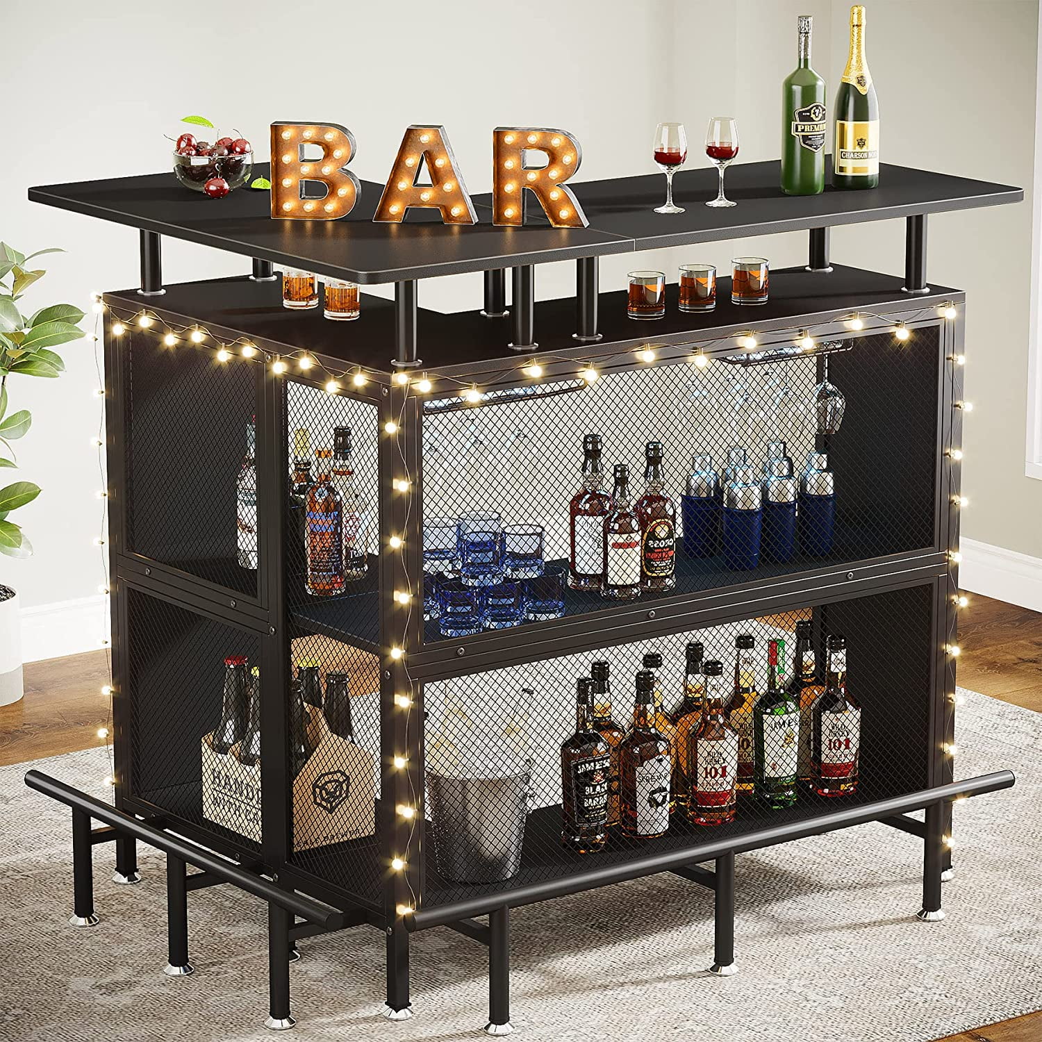 Tribesigns L-Shaped Home Bar Unit, Liquor Bar Table with 4 Stemware Racks and 2-Tier Shelves, Footrest for Home/Kitchen/Bar/Pub, Bar Table, Black