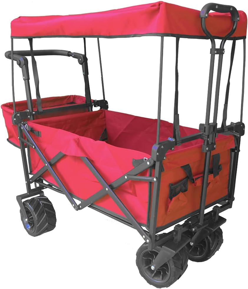 Collapsible Wagon Camping Garden Cart with Removable Canopy, Folding Wagon with Adjustable Push Handles and Brake for Shopping, Picnic, Beach, Camping, Sports (Camo)