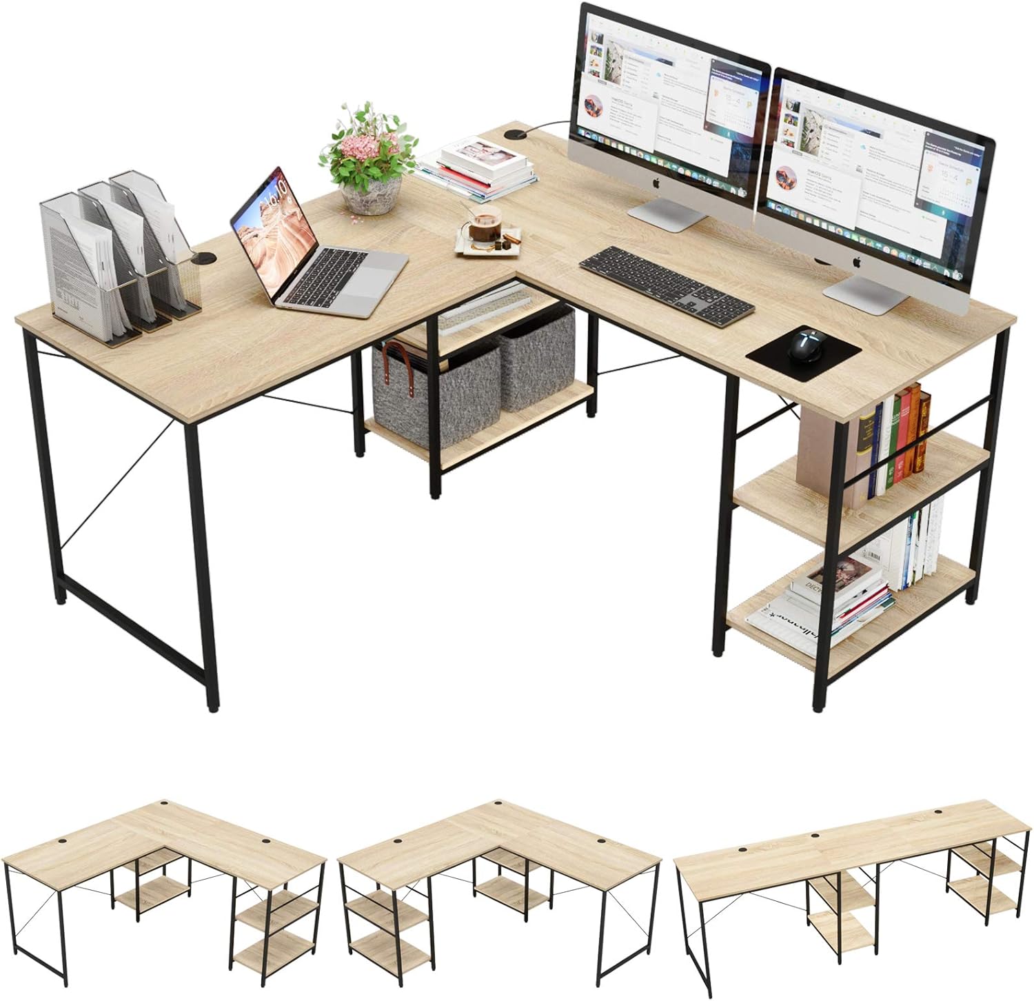 Bestier L Shaped Desk with Shelves 95.2 Inch Reversible Corner Computer Desk or 2 Person Long Table for Home Office Large Gaming Writing Storage Workstation P2 Board with 3 Cable Holes, Rustic Brown