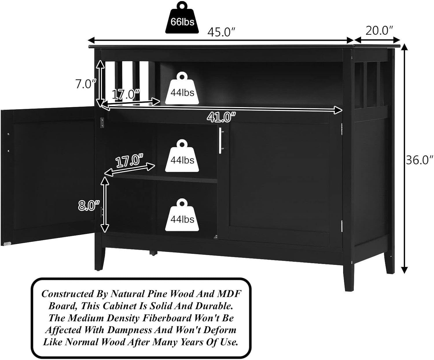 Black Modern Storage Cabinet Cupboard Buffet Server Table Sideboard Dining Room Kitchen Island 2 Doors Spacious Top Open Shelf Pantry Kitchenware Appliance Storage, 45''L×20'' W×36'' H