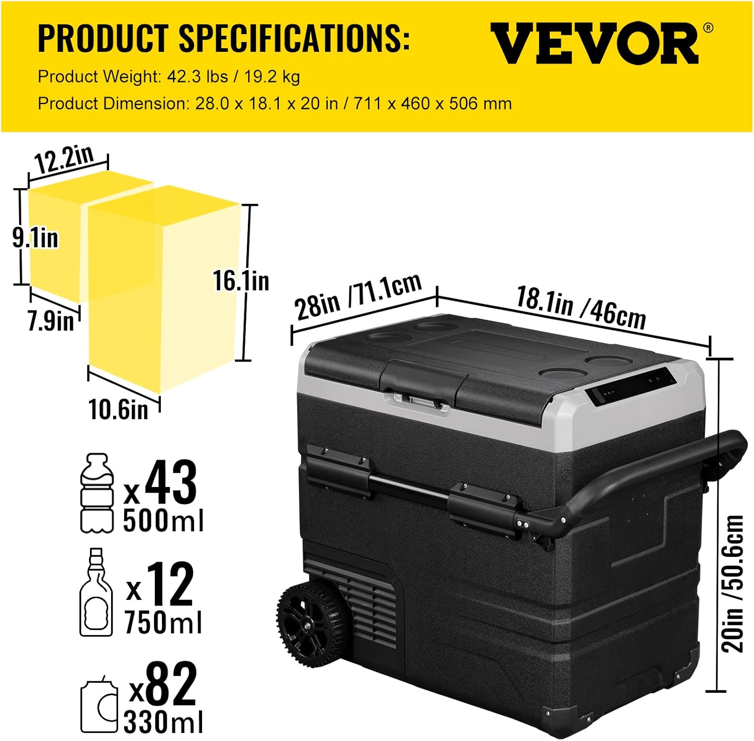 VEVOR 12 Volt Refrigerator 48Qt, Dual Zone Car Fridge Freezer w/App Control & Wheels 12/24V DC & 110-240V AC Electric Compressor Cooler for Truck Vehicle RV Boat Outdoor & Home Use, -4℉-68℉ Black