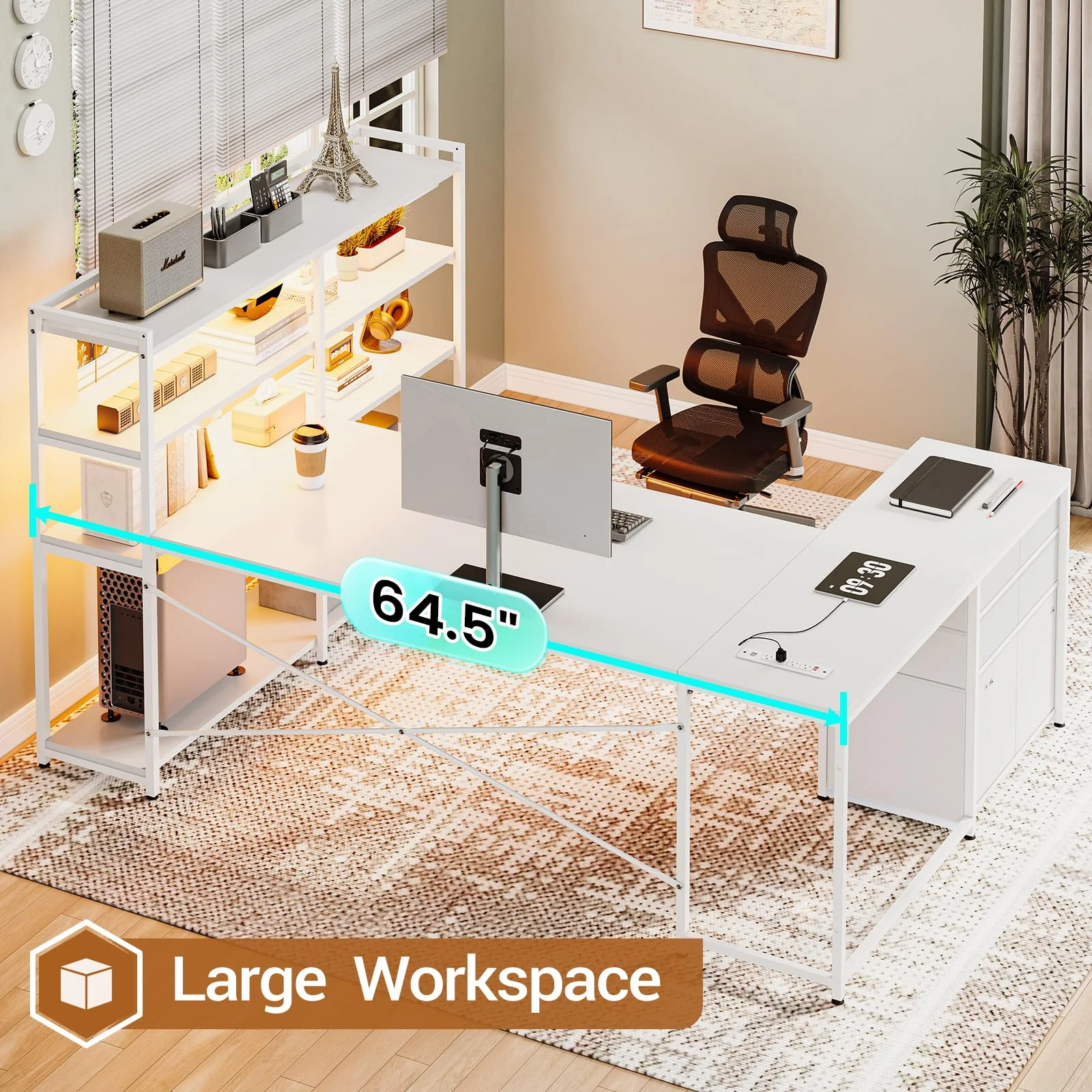 Afuhokles L Shaped Computer Desk, U Shaped Reversible Corner Desk with Power Outlet and Storage Shelves, Gaming Desk with LED Lights, 3 Fabric Drawers, White